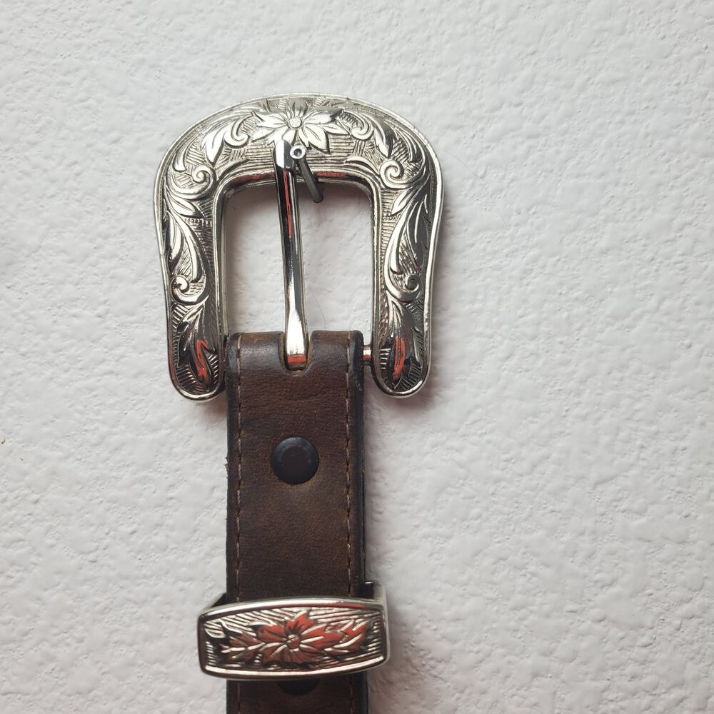 VTG 3D Belt Co Brown Leather Western Ranger Belt Silver Buckle Set 300 USA Sz 32